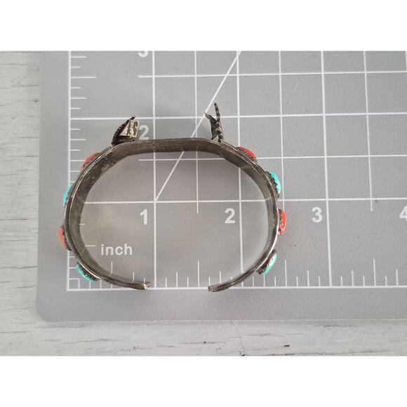 Vintage Wayne Cheama Zuni Sterling Silver Turquoise and Coral Watch Cuff - Picture 6 of 7
